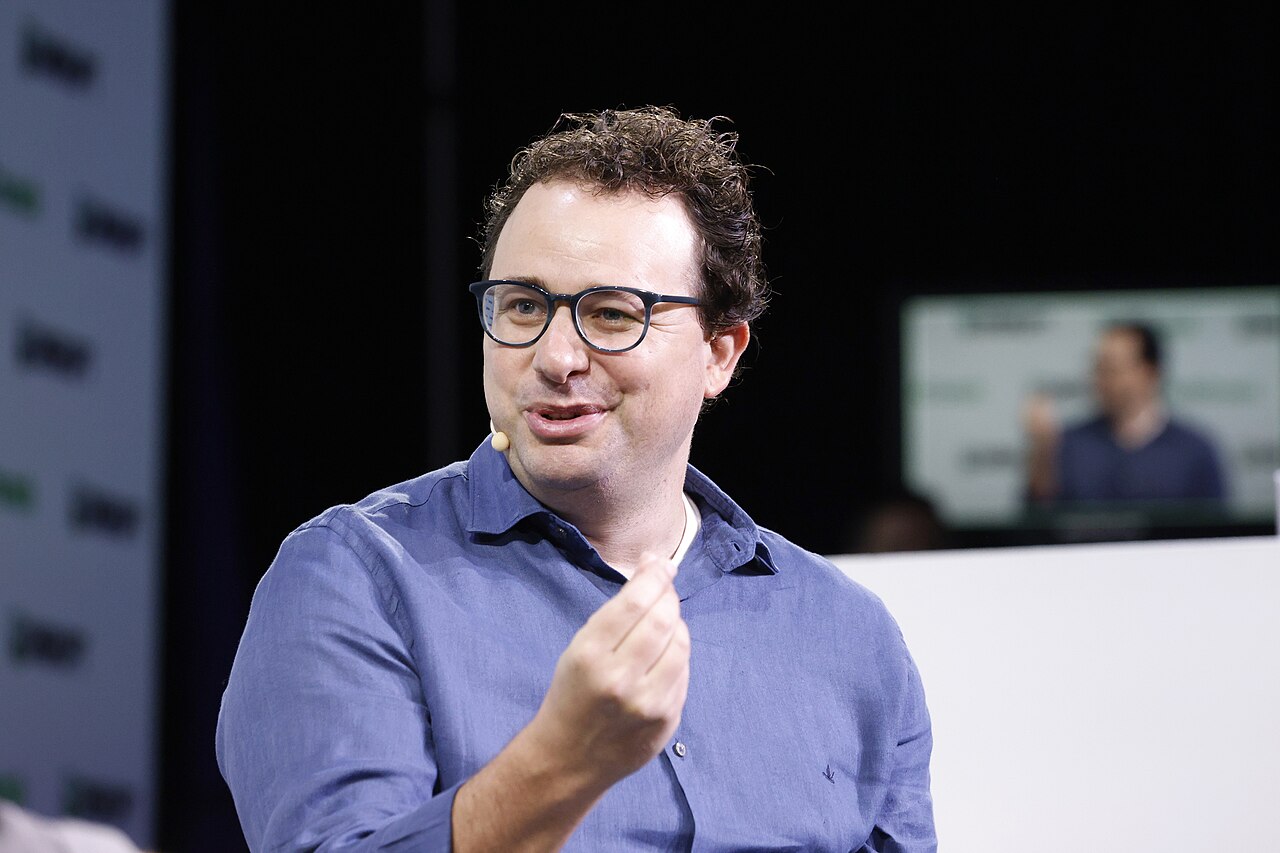 Anthropic chief executive Dario Amodei speaking on stage at TechCrunch Disrupt 2023