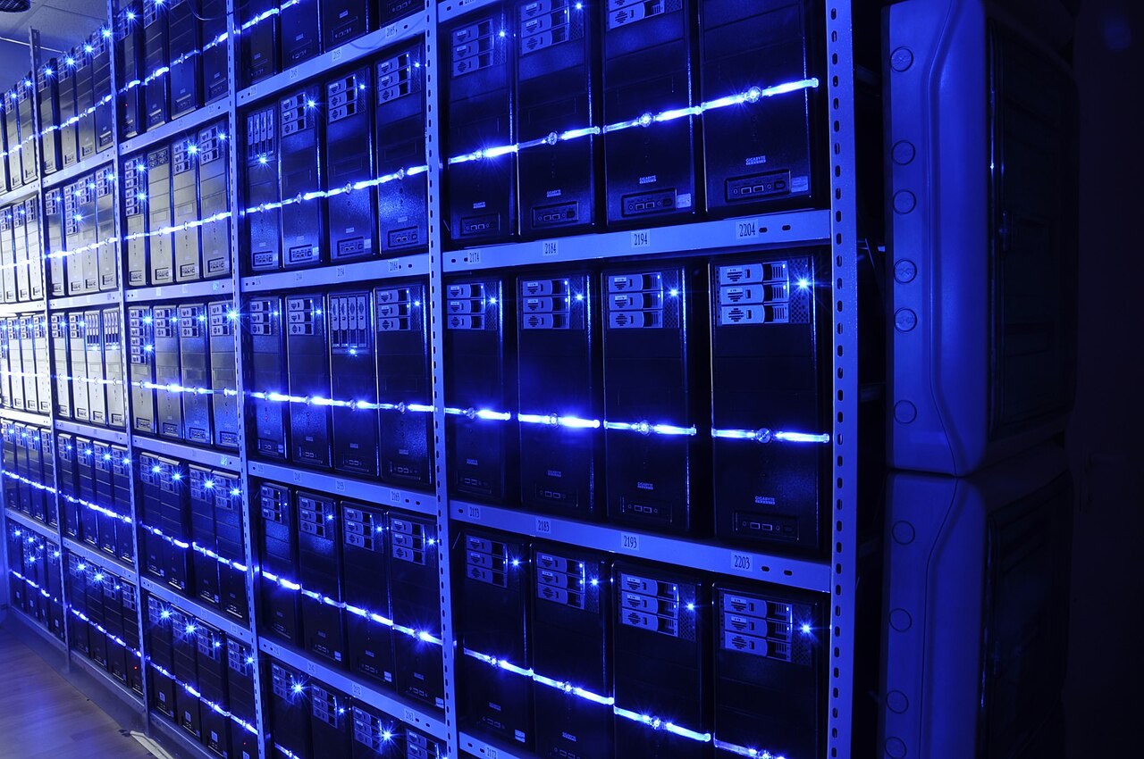 Rows of server racks inside a European data centre