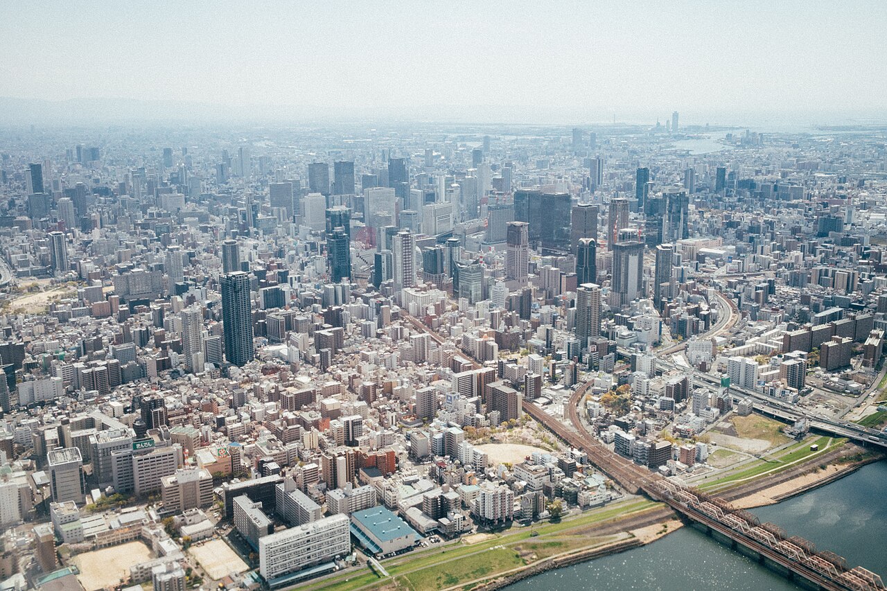 Aerial view across the city of Osaka
